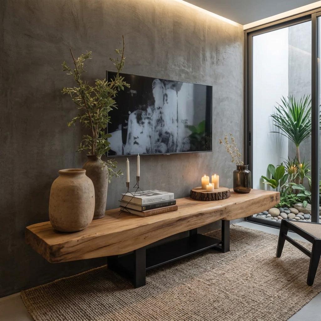 Rustic TV Shelf With Metal Legs For Minimalist Living Room