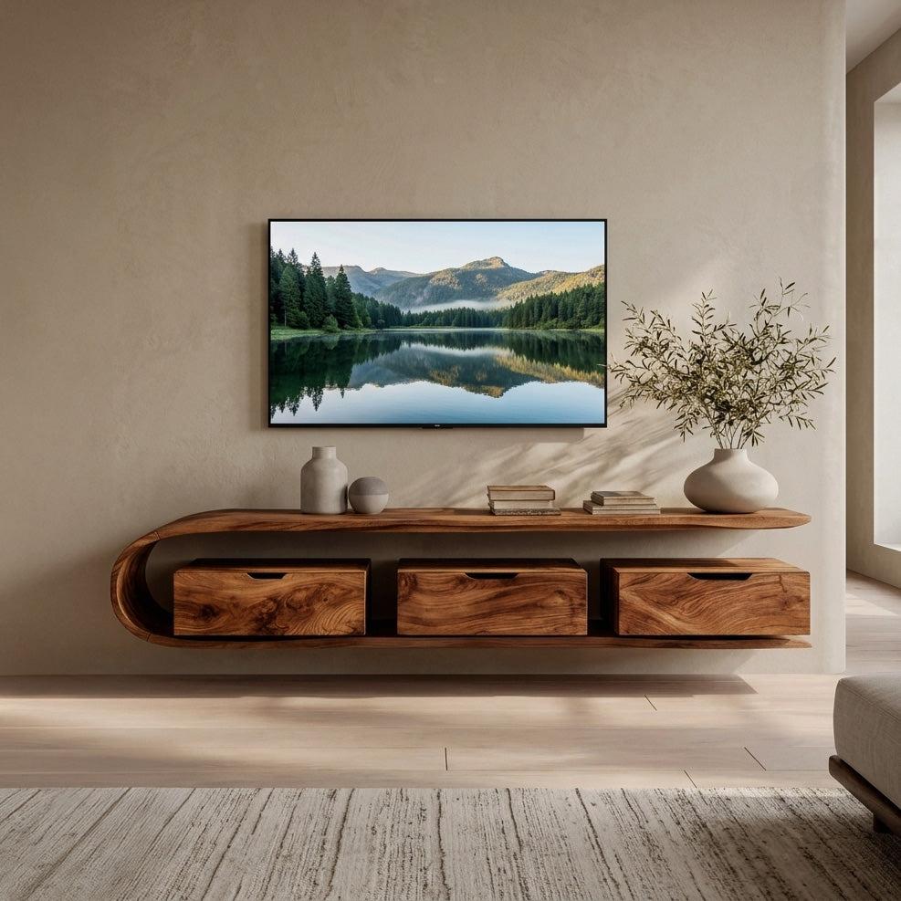 Minimal Curved Floating TV Console With Drawers For Living