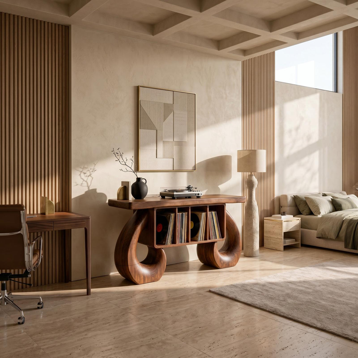 Sculptural Loop Record Player Console, Handcrafted Solid Wood Vinyl Storage Cabinet & Turntable Stand, Model