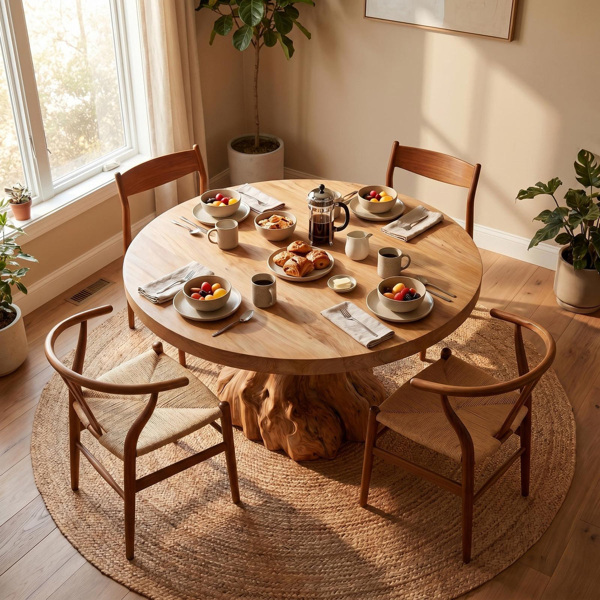 Rustic Tree Root Round Dining Table, Solid Wood Natural Slab Kitchen Table for Home Dining Room