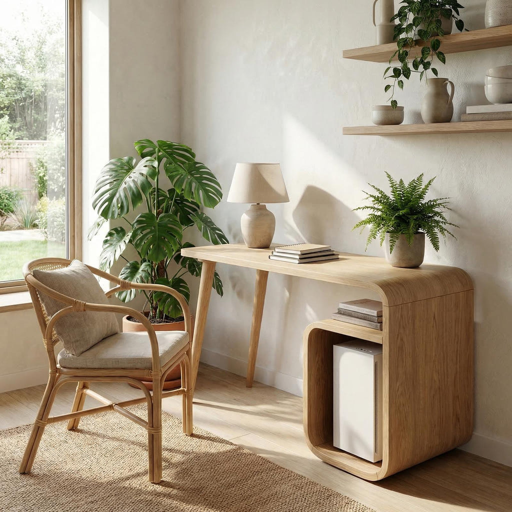 Japandi Writing Desk, Solid Wood Minimalist Computer Desk for Home Office & Bedroom