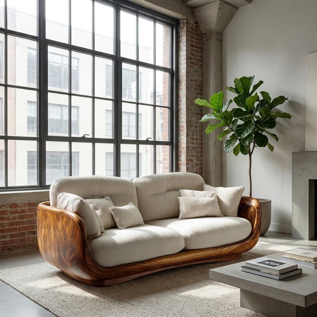 Organic Wooden Sofa with Rounded Edges, Contemporary Timber Loveseat Settee, Minimalist Couch for Living Room