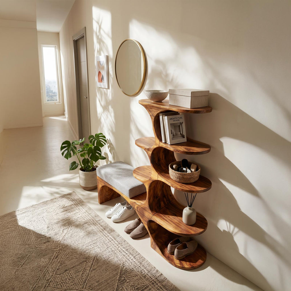 Modern Shoe Rack Bench, Wooden Entryway Bench Storage Seat Organizer for Living Room Corner