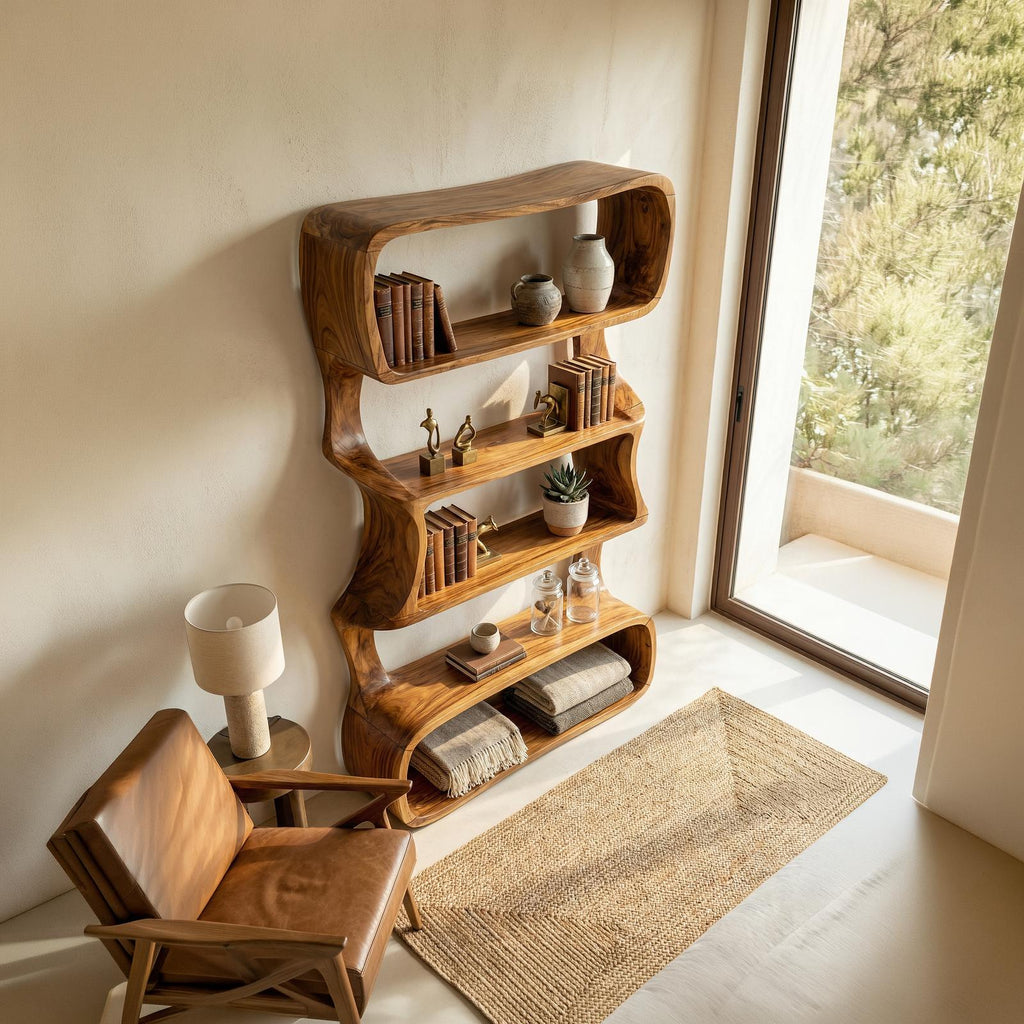 Organic Wooden Bookshelf, Handcrafted Solid Wood Display Rack & Geometric Bookcase for Living Room & Home Office