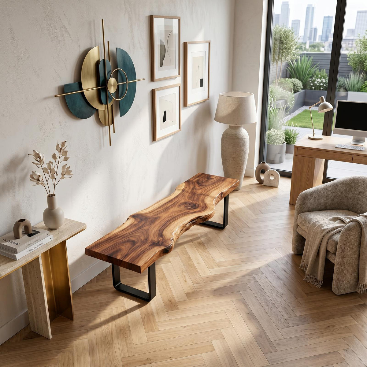 Spry Interior Contemporary Live Edge Long Bench, Solid Wood Dining Room & Entryway Bench, Sunroom Indoor Seating, Natural, SILDTTNBEN017