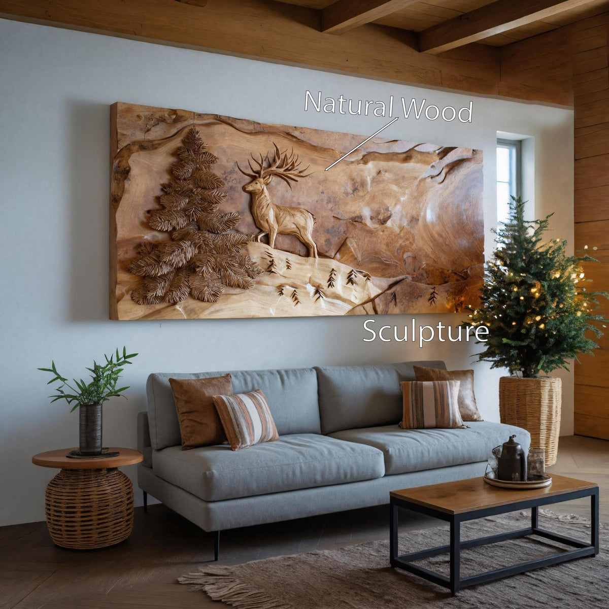 Spry Interior Rustic Wooden Wall Art with Carved Deer, Handmade Forest Cabin Wood Plaque Decor for Living Room, SITHHNWA015