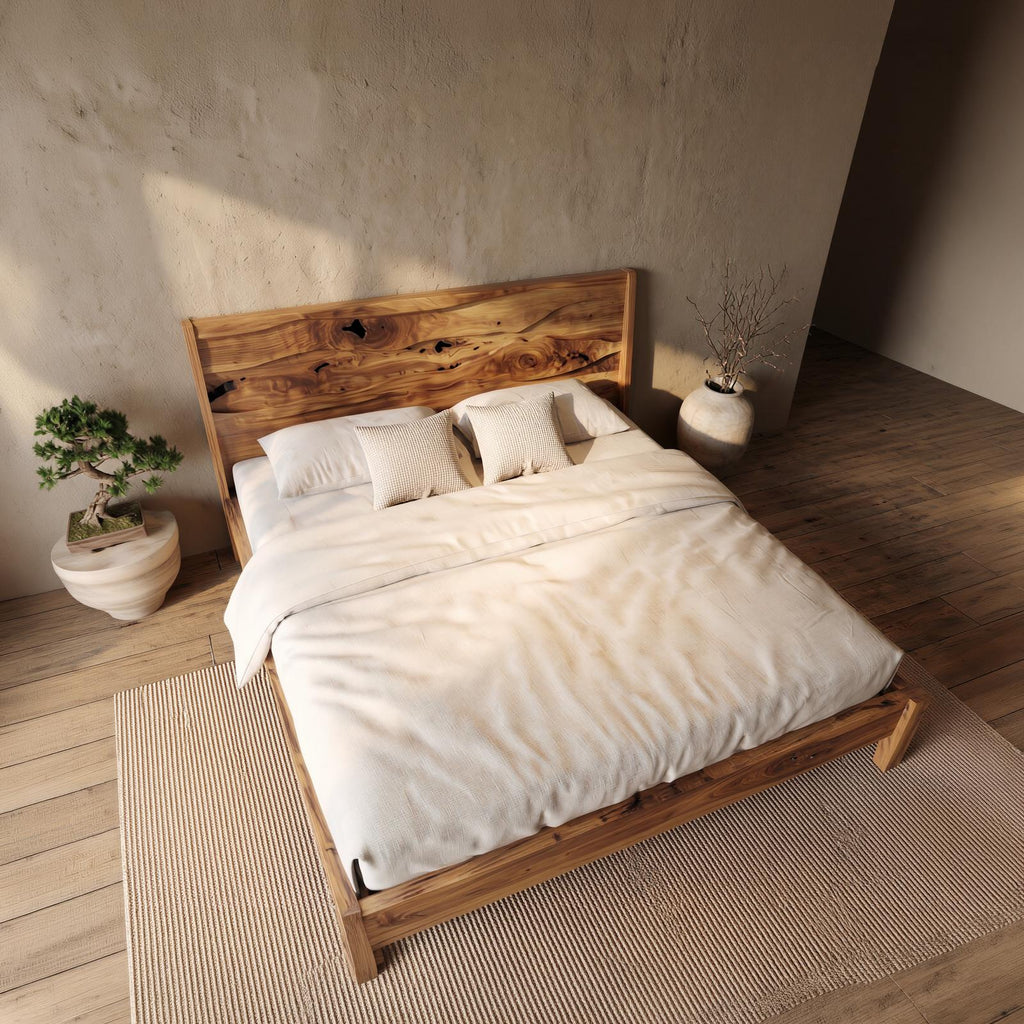 Rustic Natural Wood Bed Frame, Solid Wood Live Edge Platform Bed, Handcrafted Mid-Century Bedroom Furniture