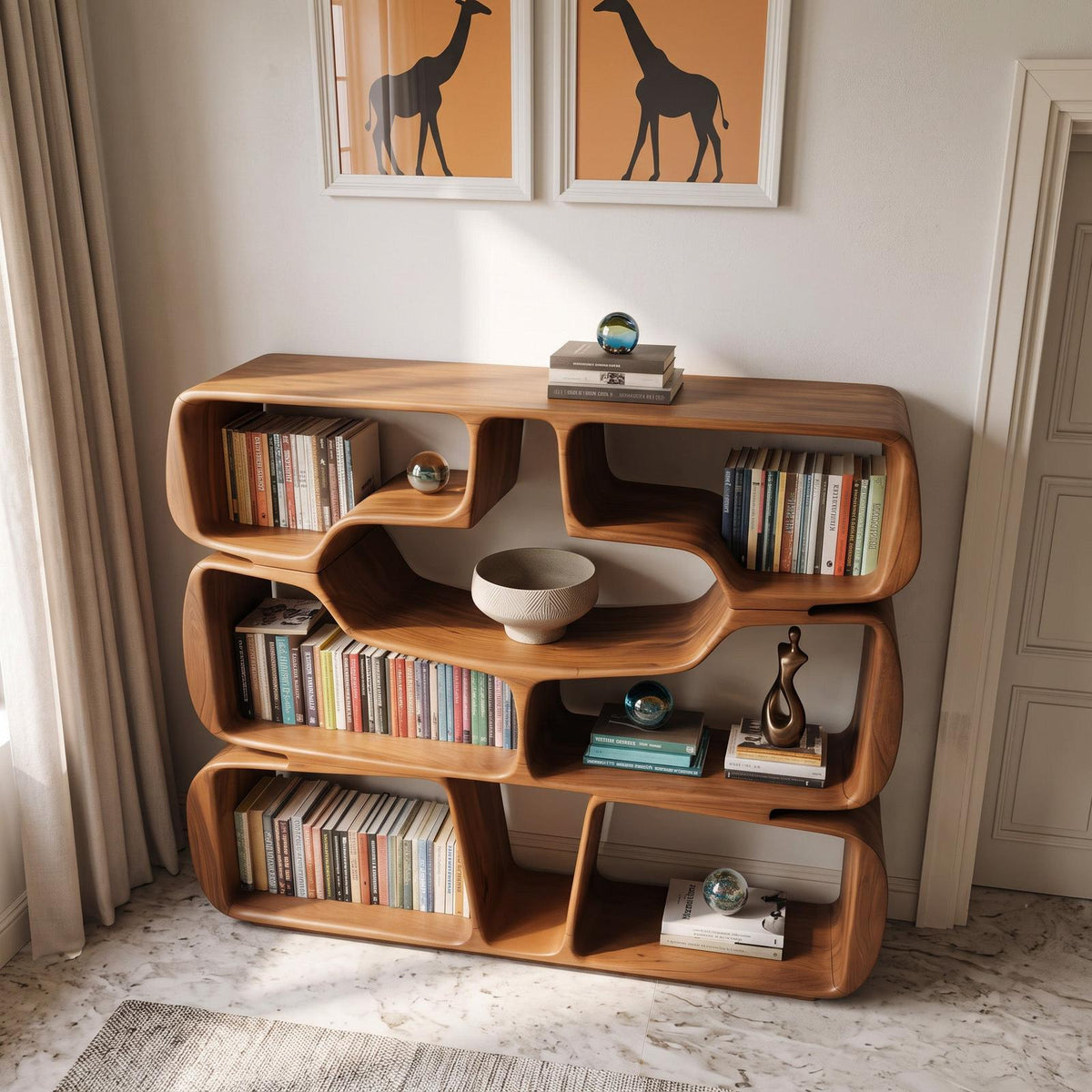 Modern Sculptural Bookshelf with Organic Curves, Handcrafted Solid Wood Standing Bookcase for Living Room & Office