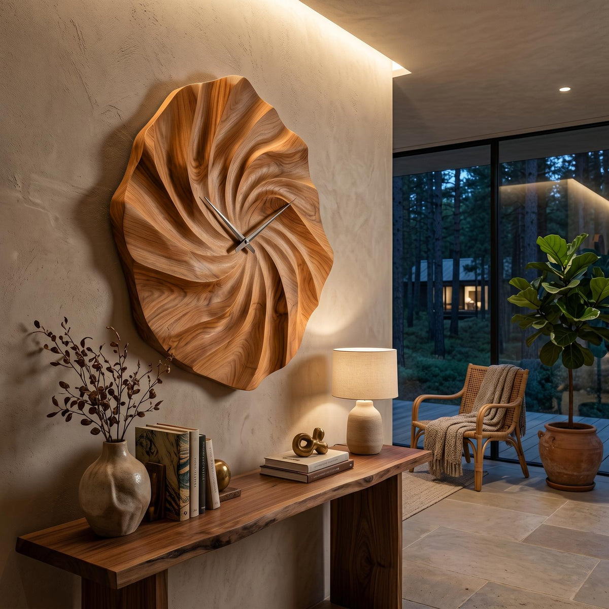Artistic Wooden Wall Clock, Hand-Carved Ocean Wave 3D Wood Clock for Statement Bedroom & Living Room Decor