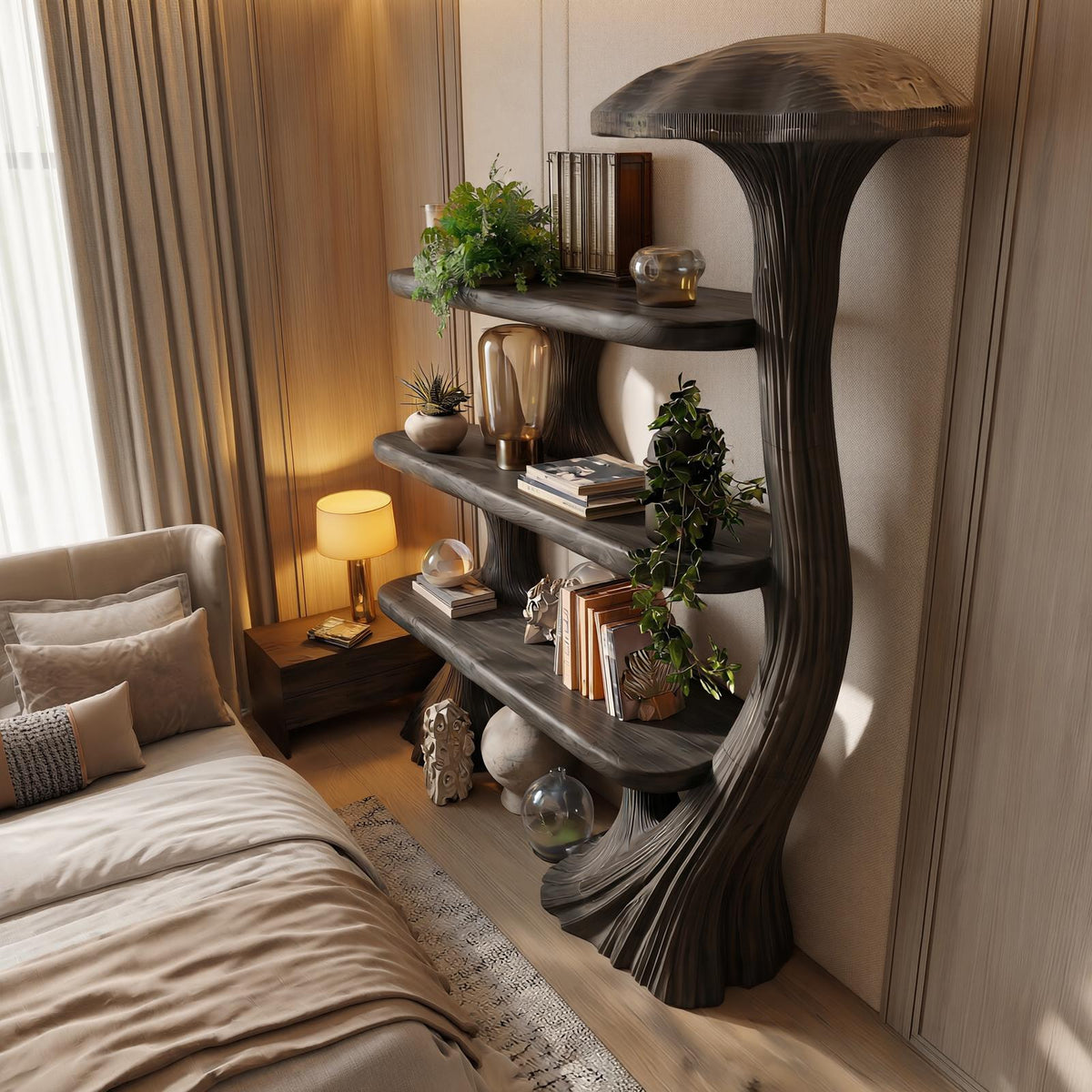 Mushroom Bookshelf Wooden Bookcase Display Shelf For Living Room Bedroom Decor
