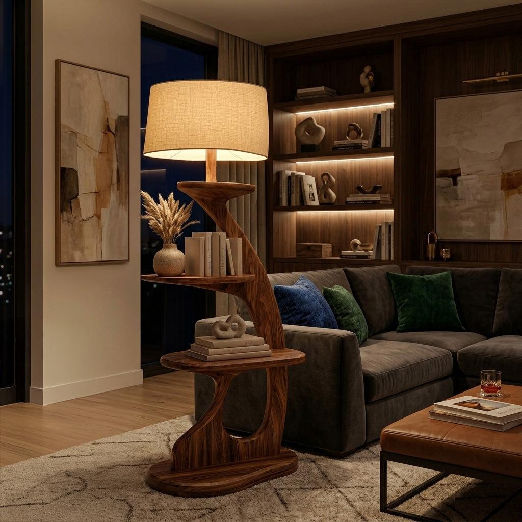 Modern Wooden Floor Lamp With 2-Tier Shelving Unit For Home