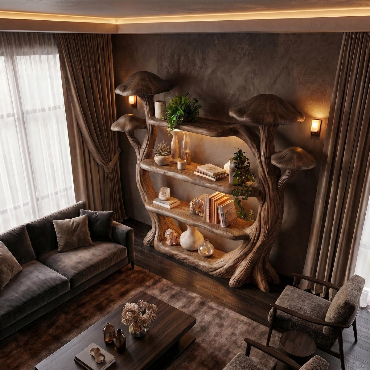 Natural Wood Mushroom Bookcase For Living Room And Reading Room