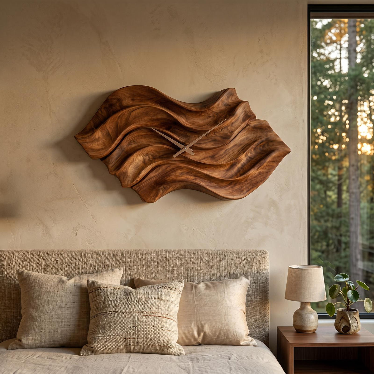 Modern Wooden Wall Clock, Organic Wavy Shape Solid Wood Quiet Timepiece for Bedroom Office Decor