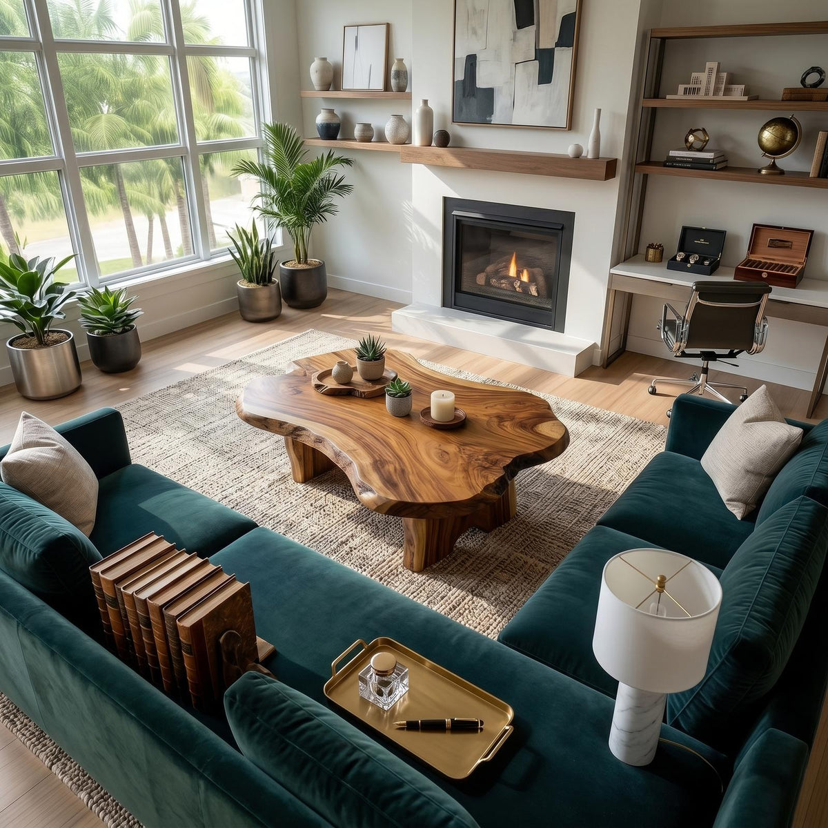 Rustic Live Edge Solid Wood Coffee Table, Natural Wood Slab Center Table for Cabin Fireplace Room and Living Room