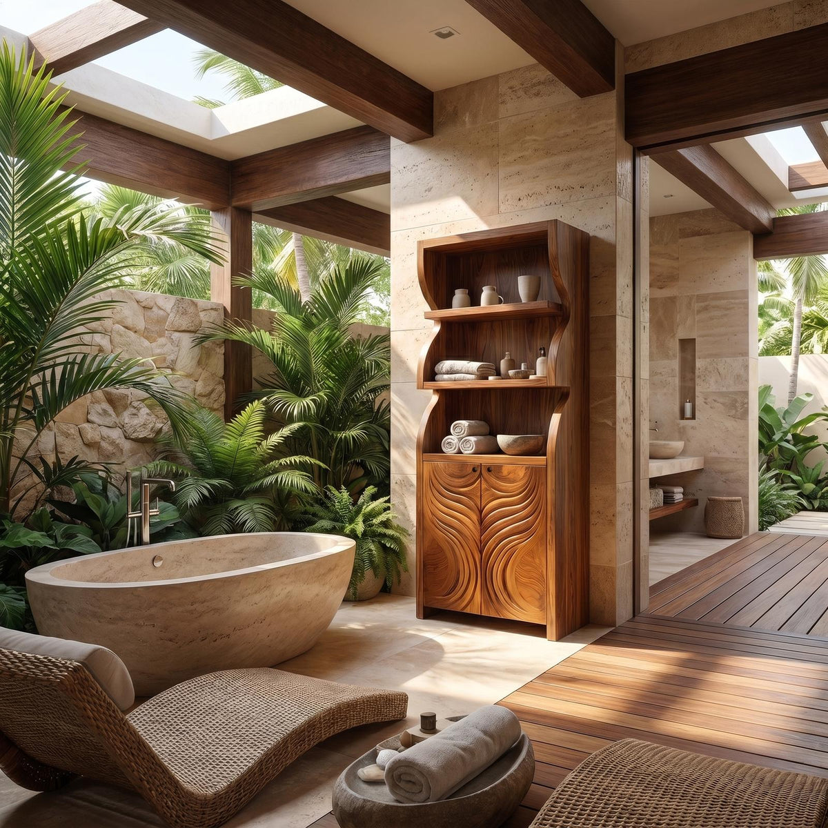 Rustic Organic Bathroom Cabinet, Hand Carved Wooden Doors & Open Shelves Storage Floor Cabinet