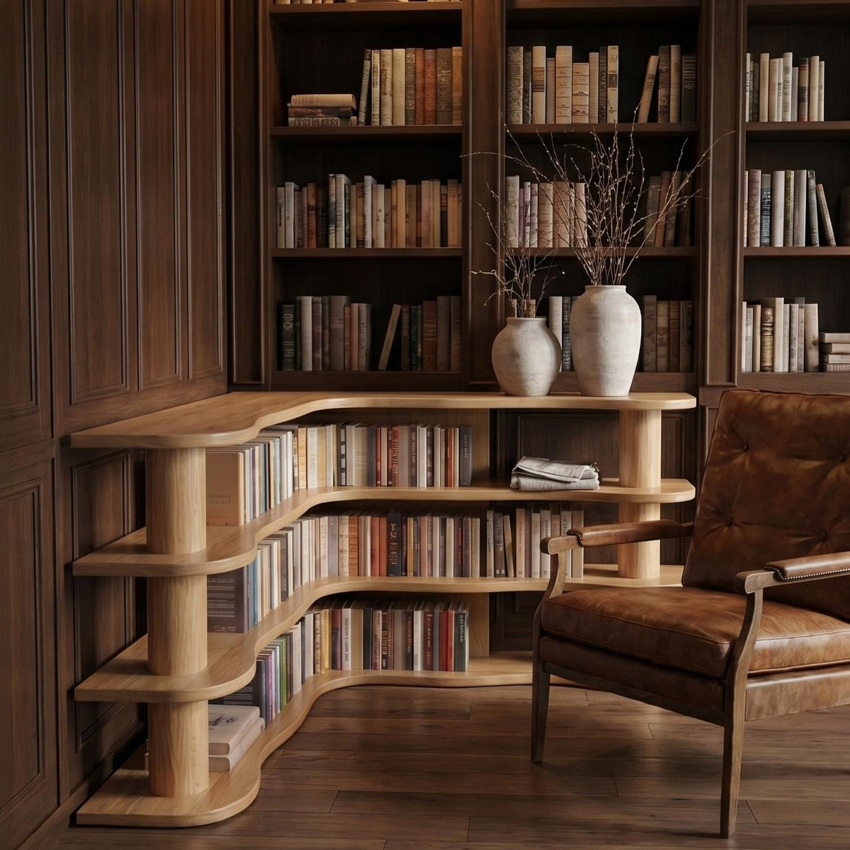 Scandinavian Corner Bookshelf, Rounded Multi-Tier Solid Wood Open Display Shelves for Bedroom