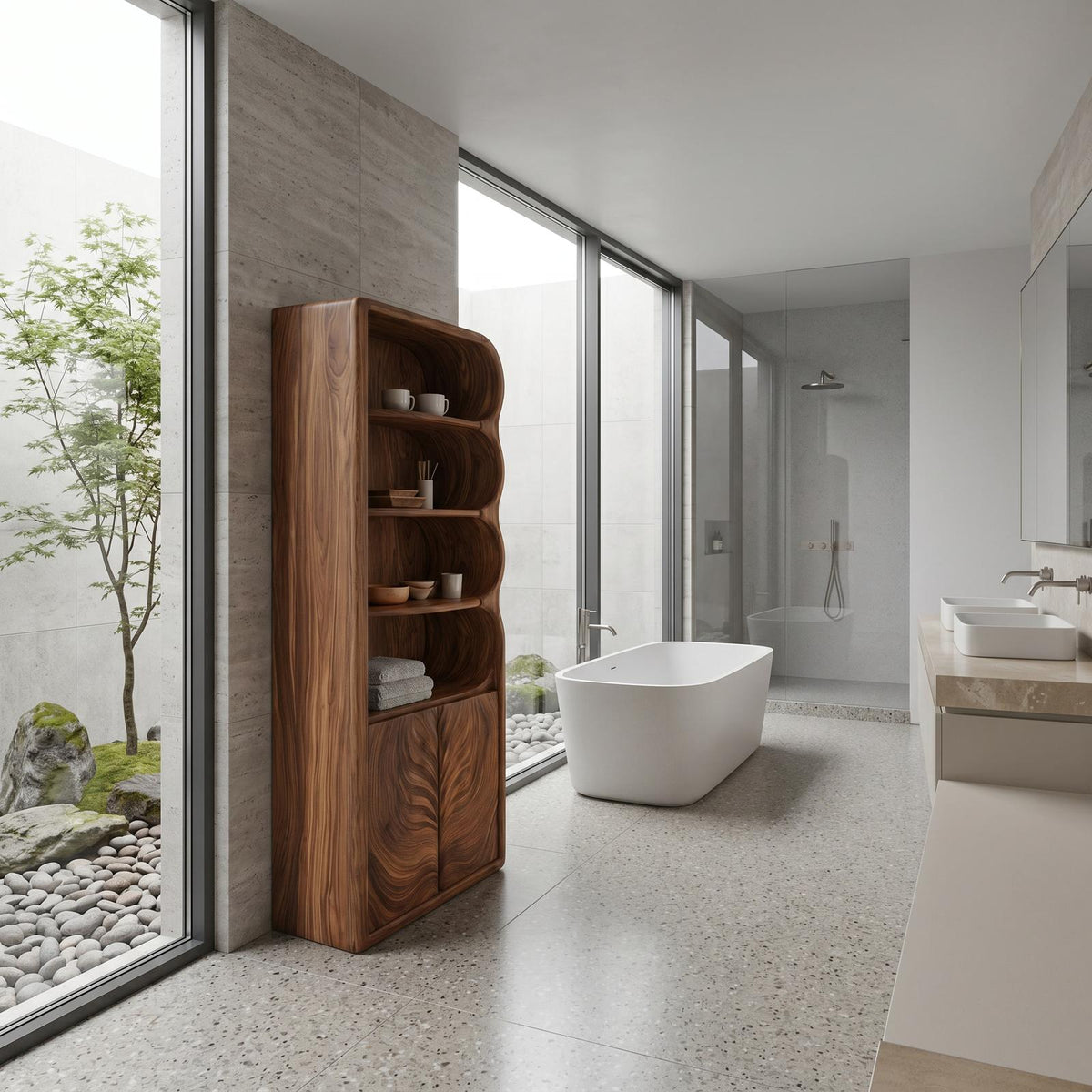 Modern Organic Bathroom Cabinet, Curved Shelves & Carved Wooden Doors Standing Storage Unit