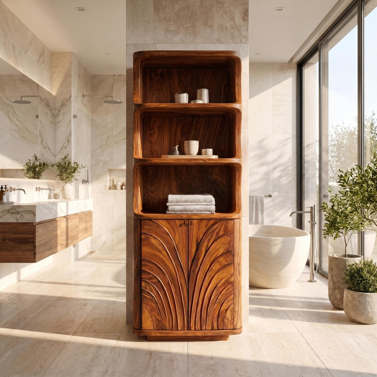 Organic Wood Bathroom Cabinet, Curved Open Shelves & Hand Carved Doors Storage Floor Cabinet
