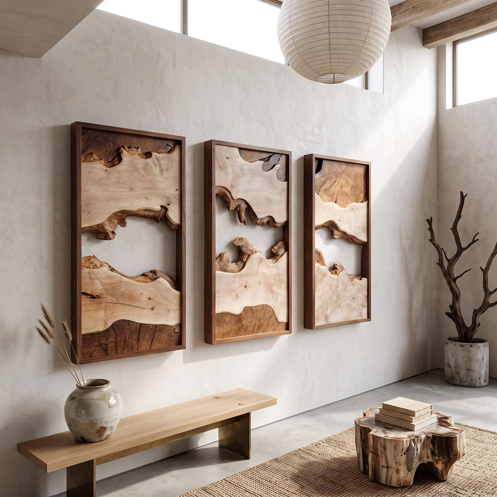 Spry Interior Modern Solid Wood Wall Art Set, Abstract Geometric Landscape Wooden Panels, Rustic Wall Hanging Decor for Living Room SINLSAWD002