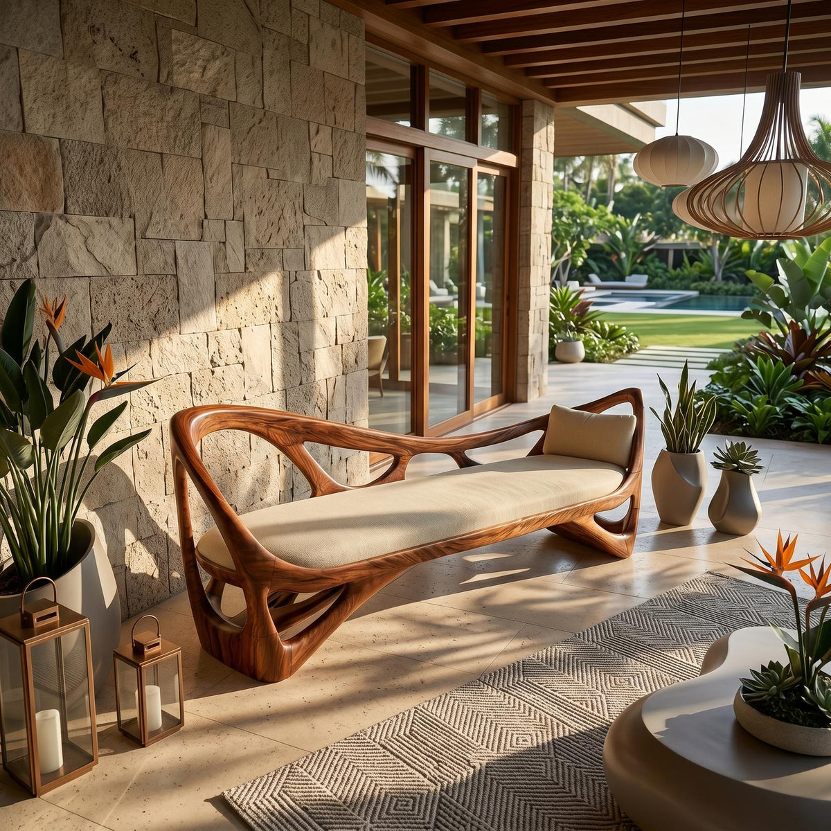 Contemporary Solid Wood Bench Family Room