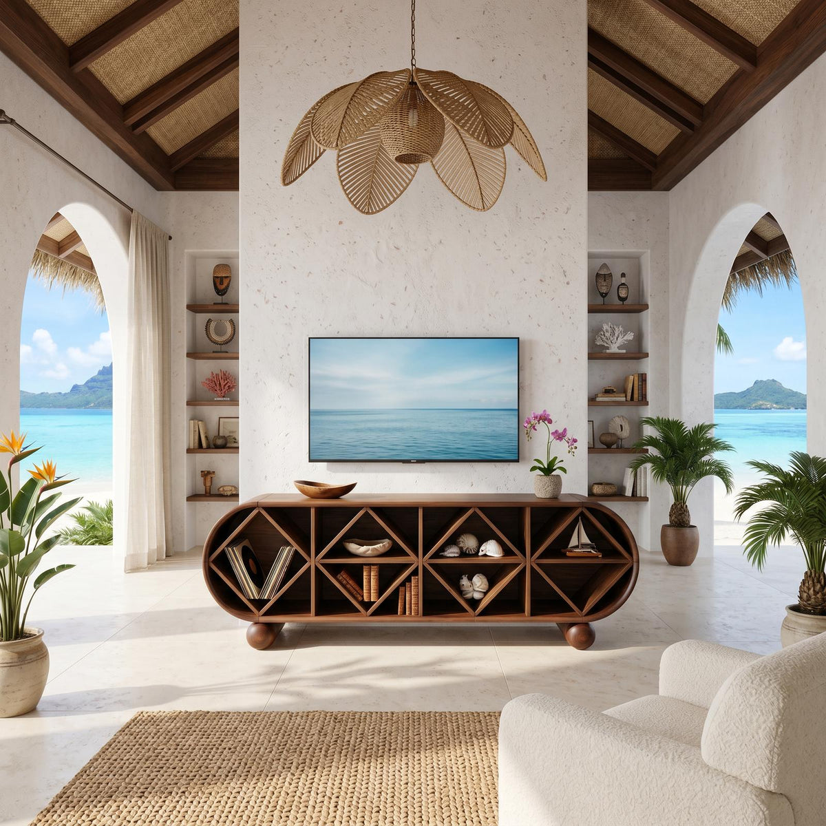 Contemporary Linear TV Console, Sleek Wooden Media Cabinet Sideboard for Living Room