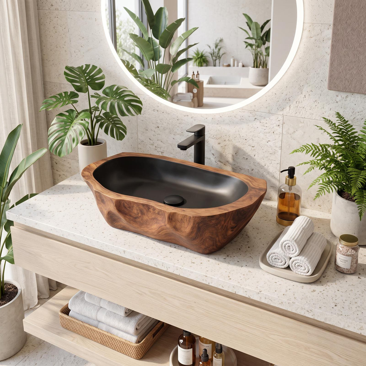 Mid Century Solid Wood Vessel Sink, Handcrafted Natural Live Edge Wooden Wash Basin for Modern Bathroom Vanity Makeover