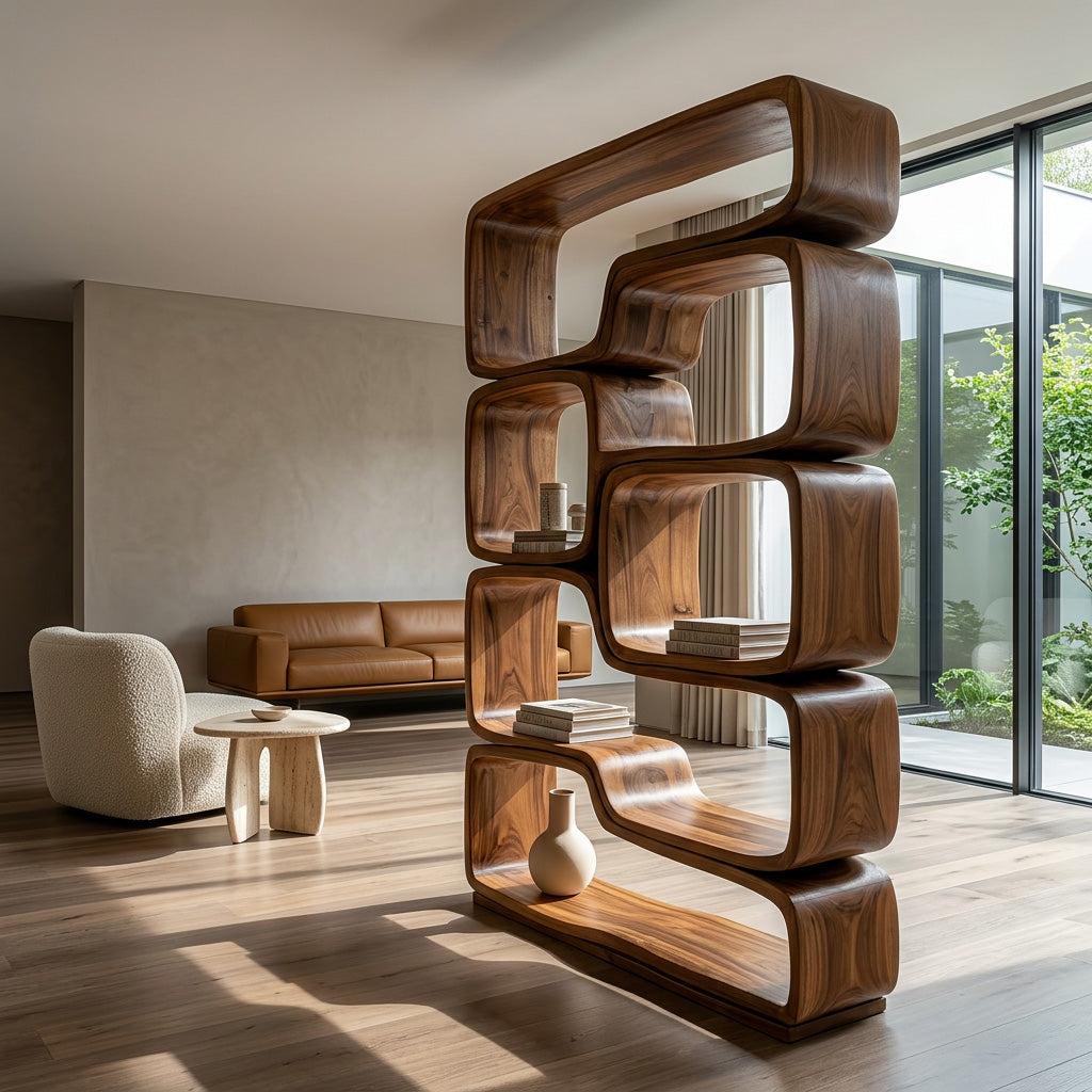 Contemporary Sculptural Natural Wood Bookshelf, Handcrafted Solid Wood Bookcase for Modern Living Room & Office