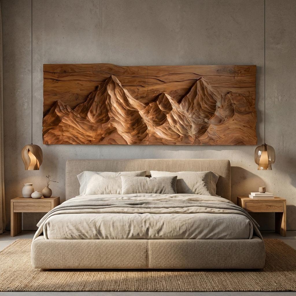 Contemporary Sculptural Wood Wall Art, Mountain Landscape 3D Carved Wood Sculpture Panel for Living Room