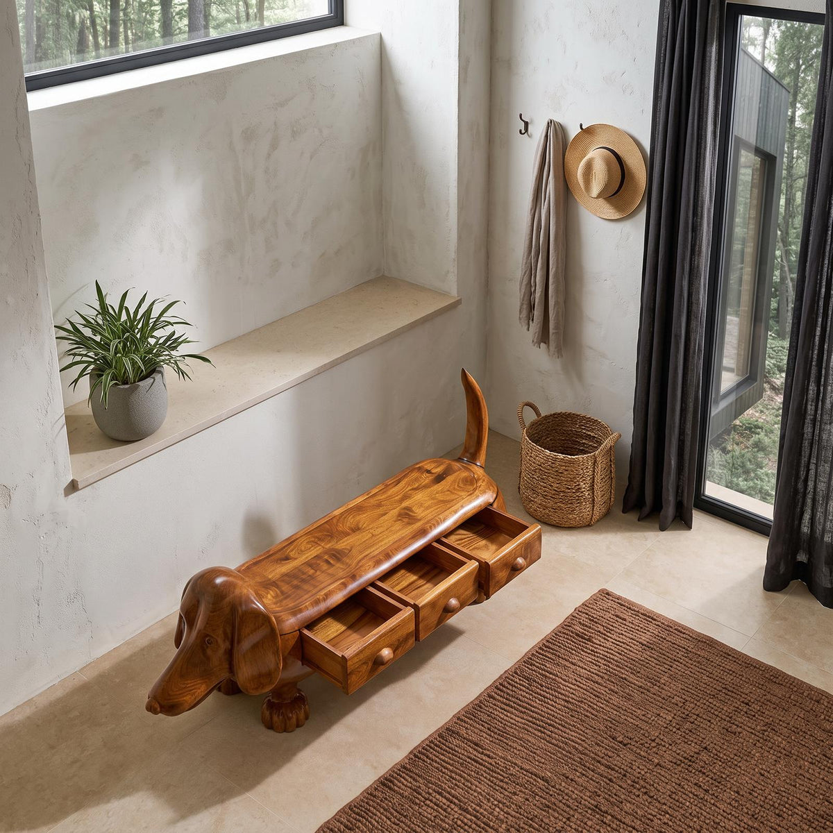 Rustic Dachshund Storage Bench For Entryway And Mudroom