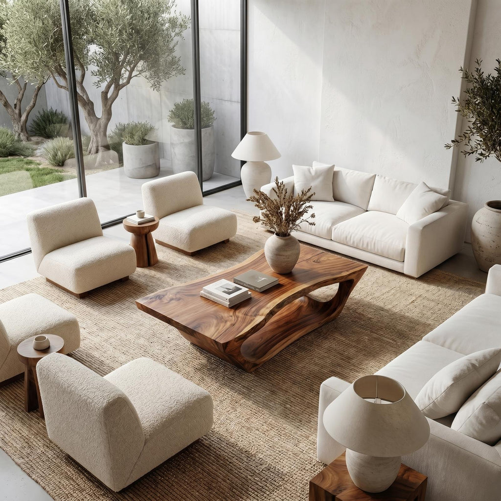 Wabi Sabi Solid Wood Coffee Table, Handcrafted Organic Wood Center Table for Rustic Living Room and Lounge
