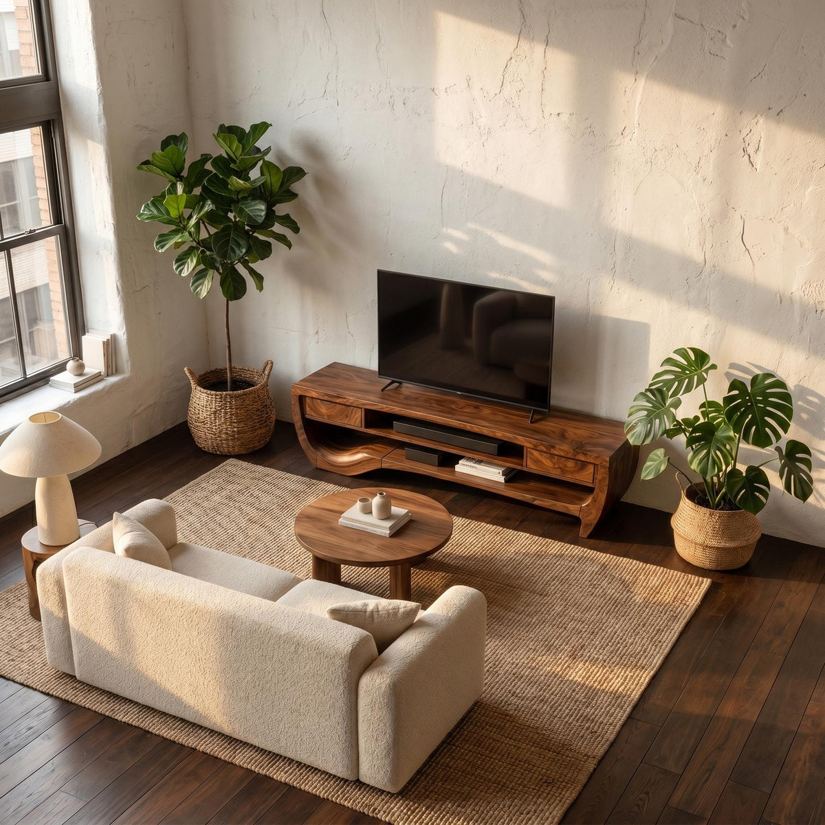 Organic TV Cabinet with Open Storage & Sculptural Curved Wood Design, Solid Wood Media Console TV Stand