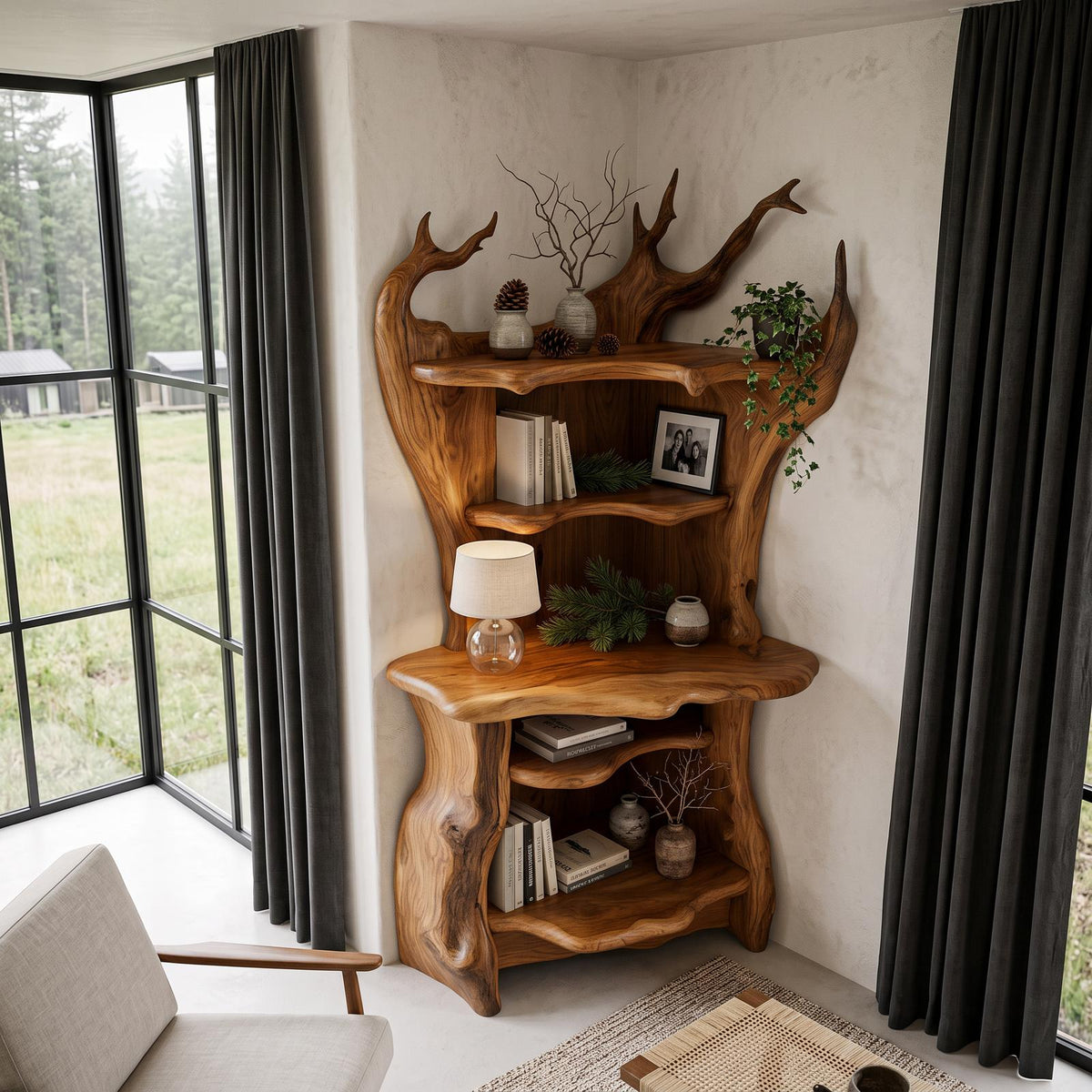 Rustic Corner Bookcase With Live Edge Shelves For Reading Nook