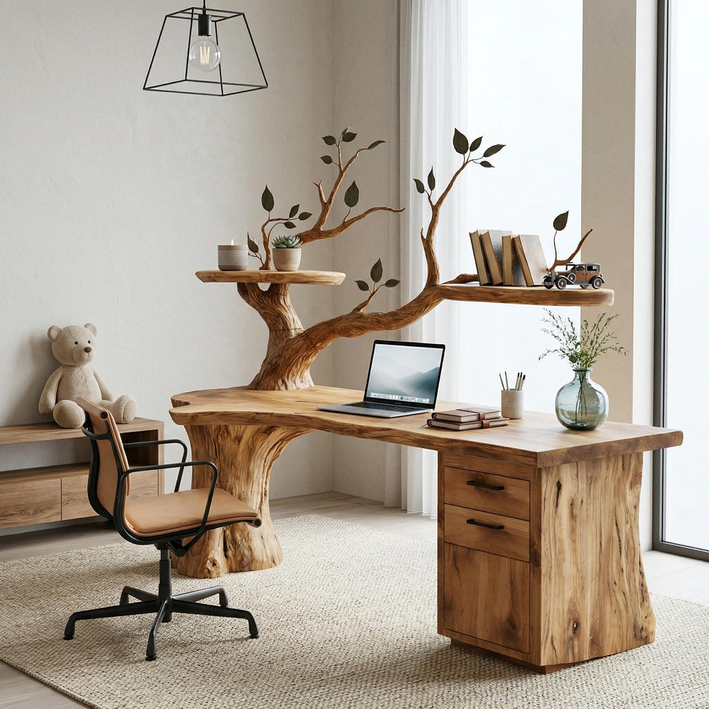Sculptural Tree Desk With Floating Shelf Natural Branch Design Home Office And Workspace