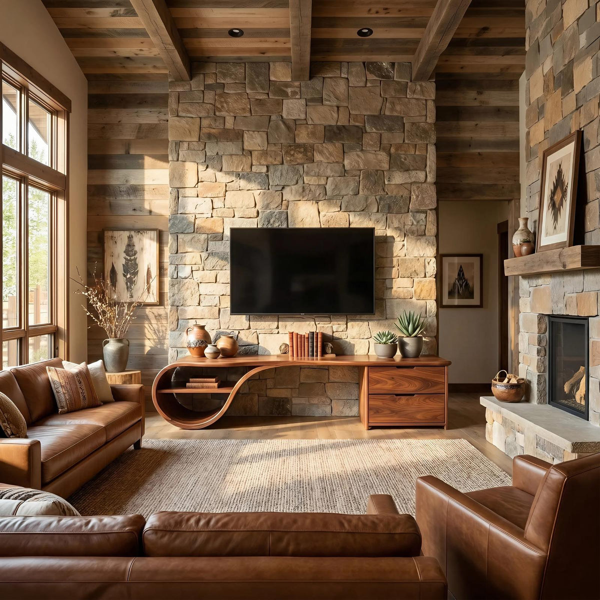 Scandinavian Organic Wood TV Console, Modern TV Stand and Entertainment Center Cabinet for Living Room