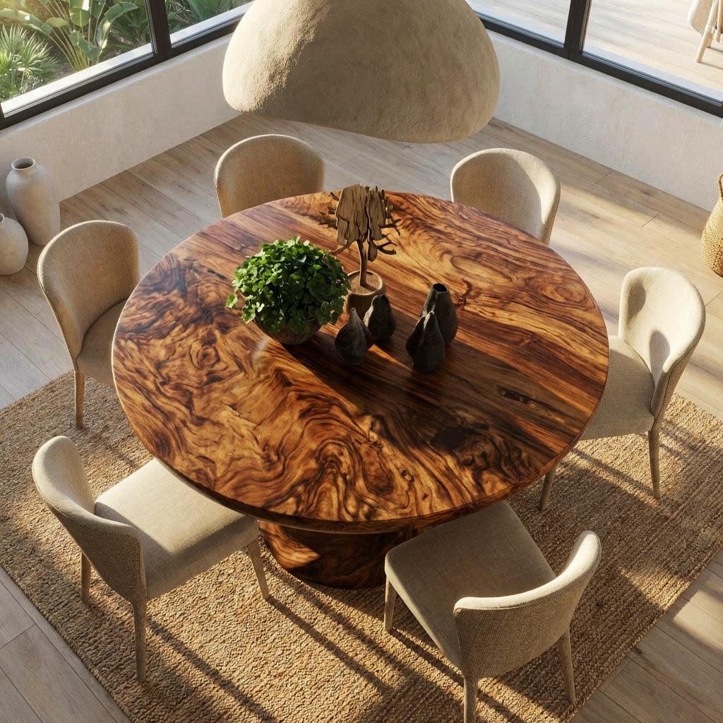 Spry Interior Contemporary Round Wood Dining Table with Twisted Sculptural Base, Modern Circular Kitchen Table, Natural Finish, RTTHHNDN062