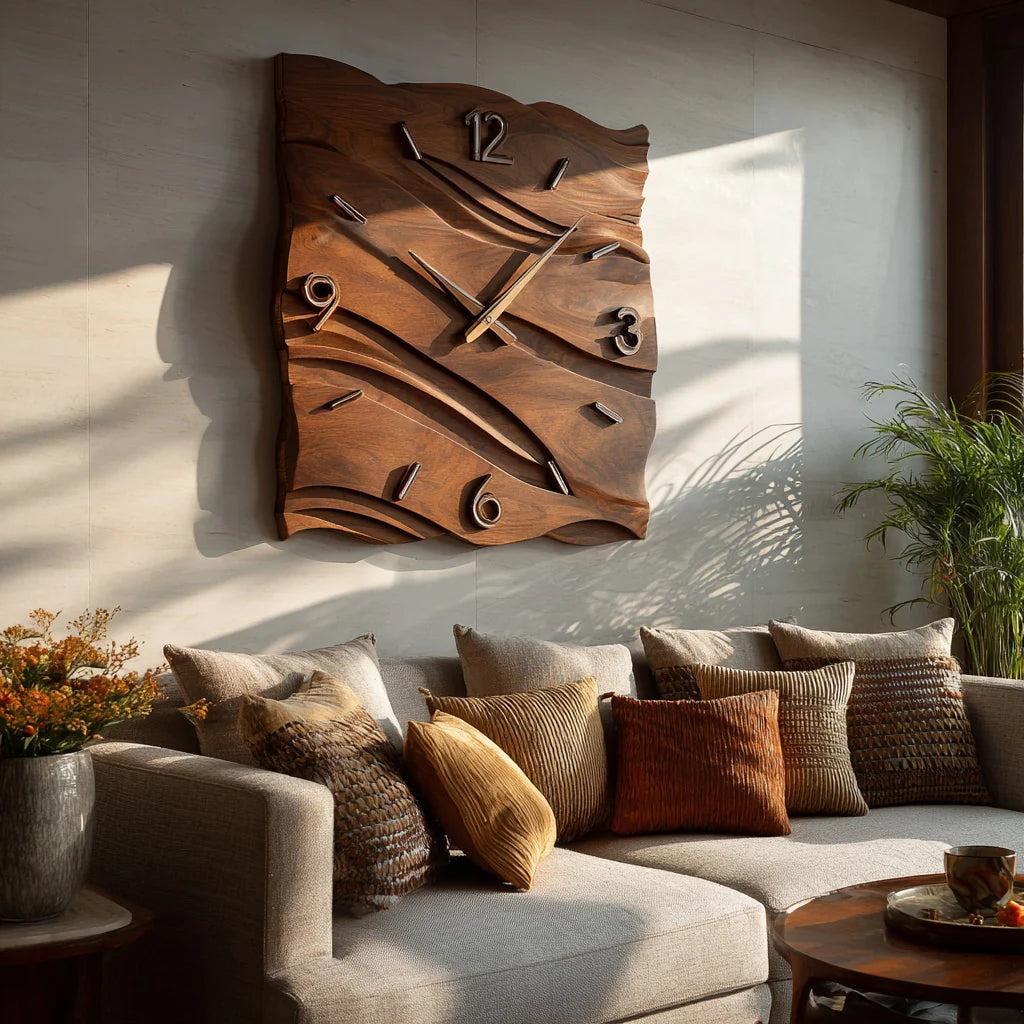 Organic Modern Wood Wave Wall Clock, Handcrafted Solid Wooden Wavy Artistic Timepiece for Home Decor