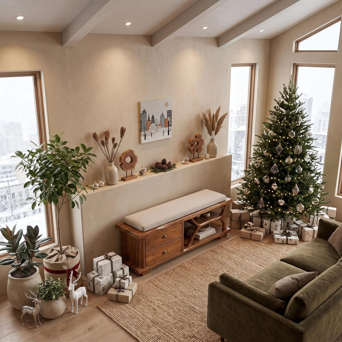 Modern Christmas Storage Bench Reindeer Living Room Decor