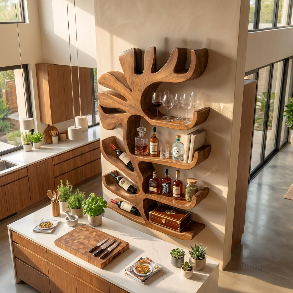 Farmhouse Wall Mounted Wine Rack, Rustic Solid Wooden Wine Bottle Holder and Glass Stemware Rack for Home Bar, Kitchen Dining Room