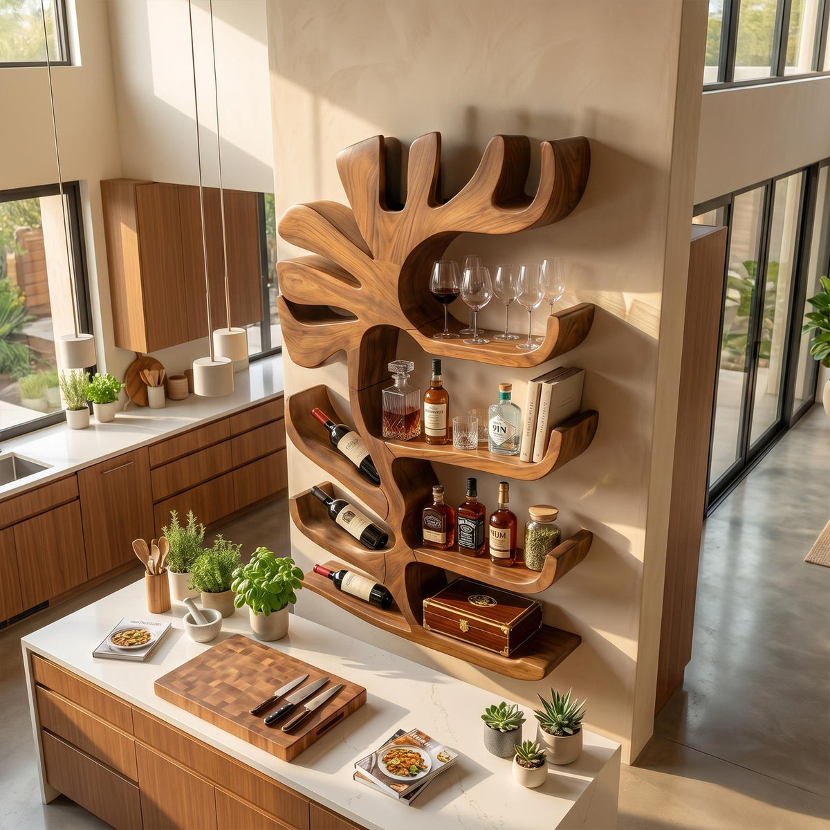 Farmhouse Wall Mounted Wine Rack, Rustic Solid Wooden Wine Bottle Holder and Glass Stemware Rack for Home Bar, Kitchen Dining Room