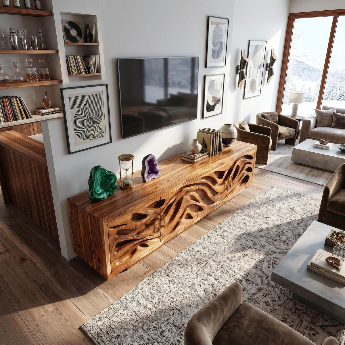 Mediterranean Coastal Wood TV Stand, Santorini Style White Wash Wooden Media Console Table for Bedroom Living Room