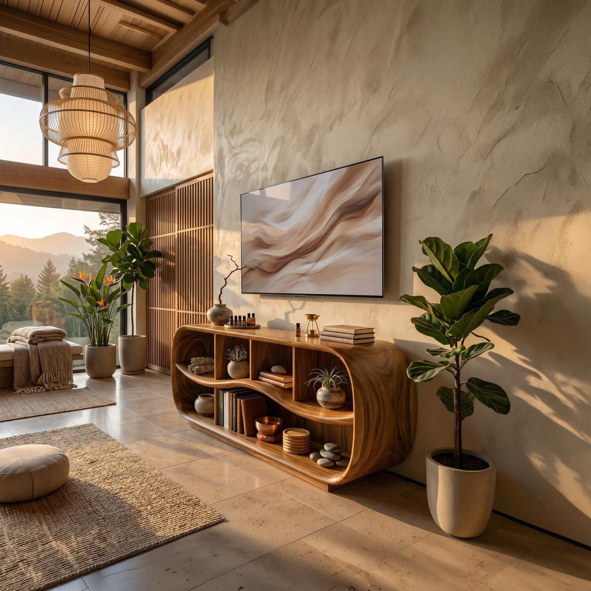 Contemporary Rounded TV Console, Modern Wooden Media Cabinet & Living Room Sideboard