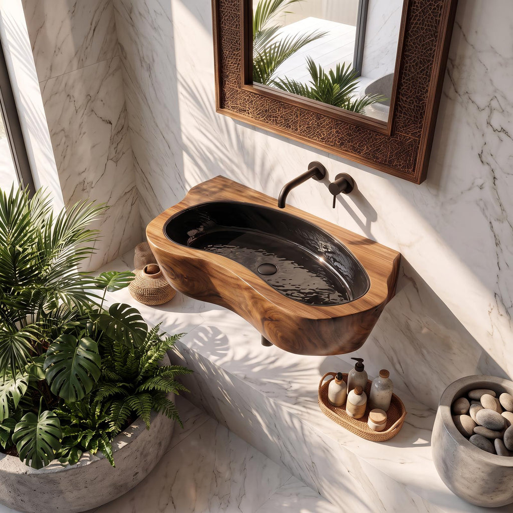 Handcrafted Live Edge Wooden Vessel Sink, Rustic Solid Wood Wash Basin for Natural Bathroom Vanity
