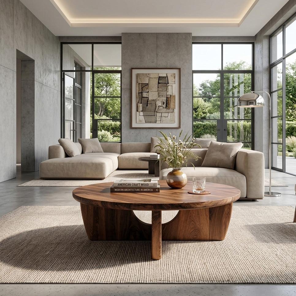 Round Wooden Coffee Table with Unique Pedestal Base, Modern Solid Wood Center Table for Living Room, Model