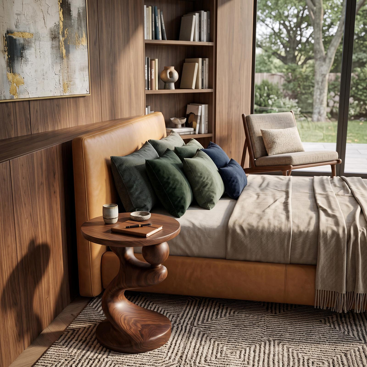 Modern Sculpted Wood Side Table, Artistic Curved Base Solid Wood End Table & Nightstand for Living Room, Bedroom