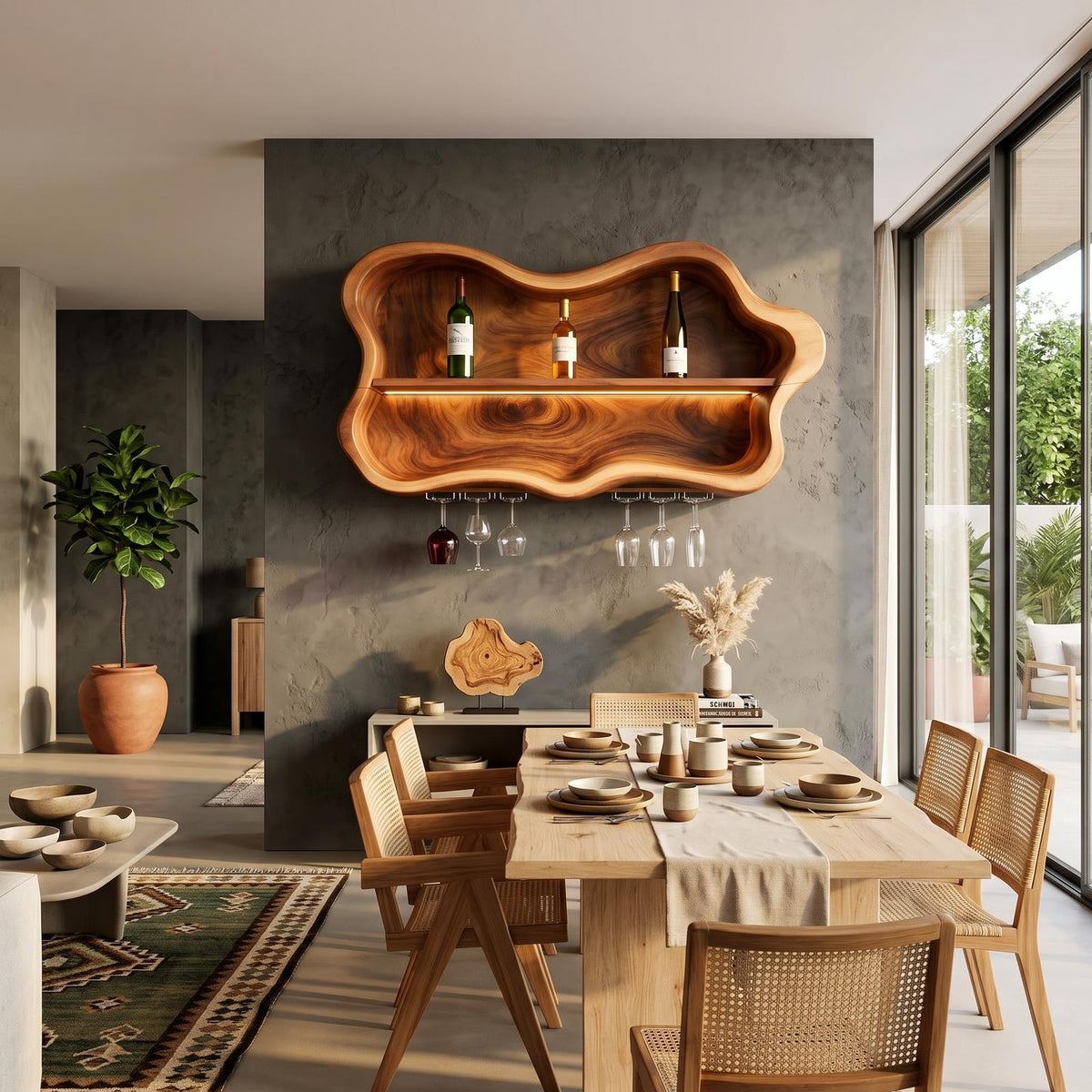 Modern Wood Wine Rack & Glass Holder, Solid Wooden Countertop Bottle Display Stand and Stemware Storage Hanger for Dining Area