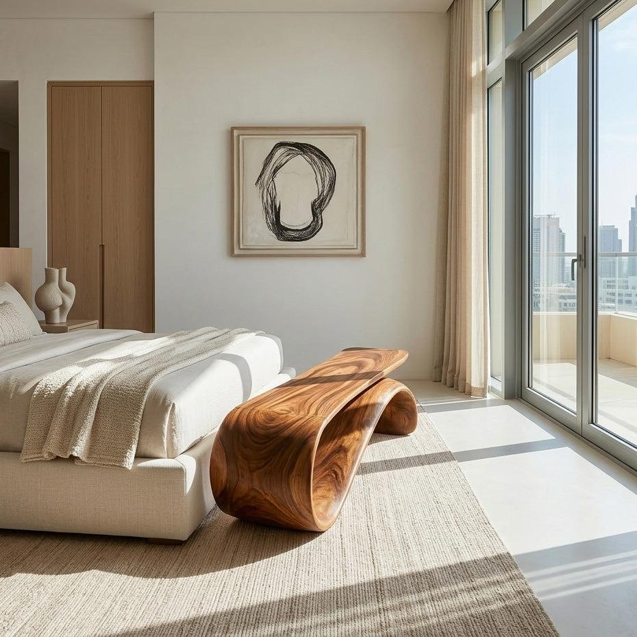 Modern Sculptural Wood Bench, Contemporary Entryway Hallway Seating, Unique Timber Dining Accent Bench