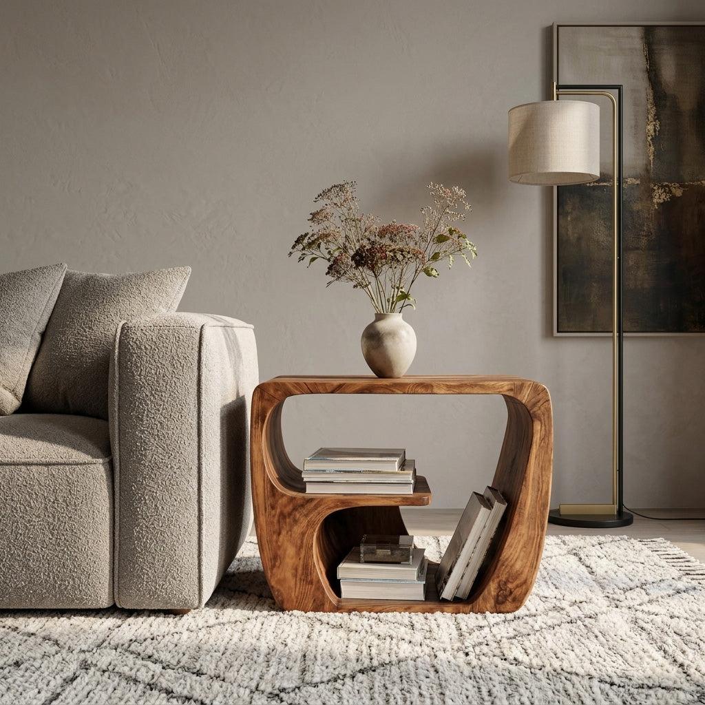 Quiet Luxury Wooden Side Table with Open Storage, Handcrafted Solid Wood End Table for Living Room & Lounge, Model