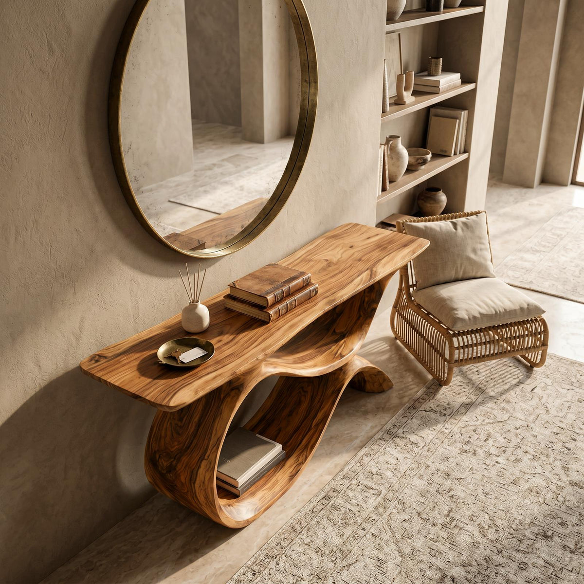 Modern Wooden Console Table with Curved Open Storage, Handcrafted Entryway Table for Hallway & Living Room, Model