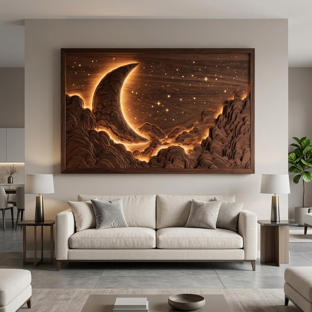 Spry Interior Handcrafted Moon & Stars Wooden Wall Art, Rustic Wood Carving Plaque Decor for Nursery & Kids Bedroom, SITHHNWA016