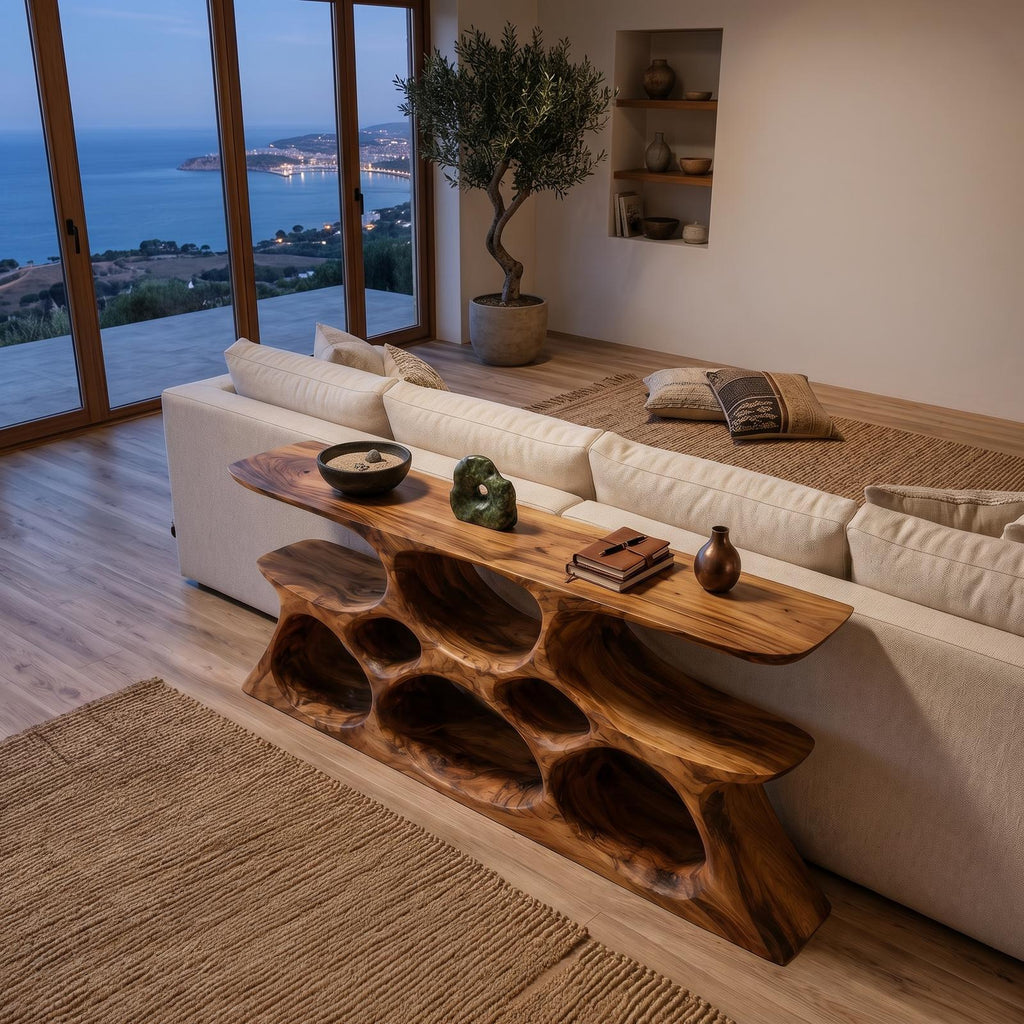 Elegant Wooden Console Table With Sculptural Shelves For Home Decor